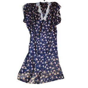 Vintage Barbizon MooMoo Nightgown Satin Navy Floral Print with Lace Trim